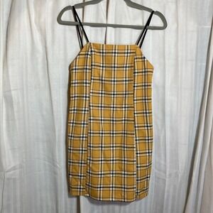 Urban Outfitters Yellow Plaid Mini Dress Square Neck Spaghetti Straps XS Preppy